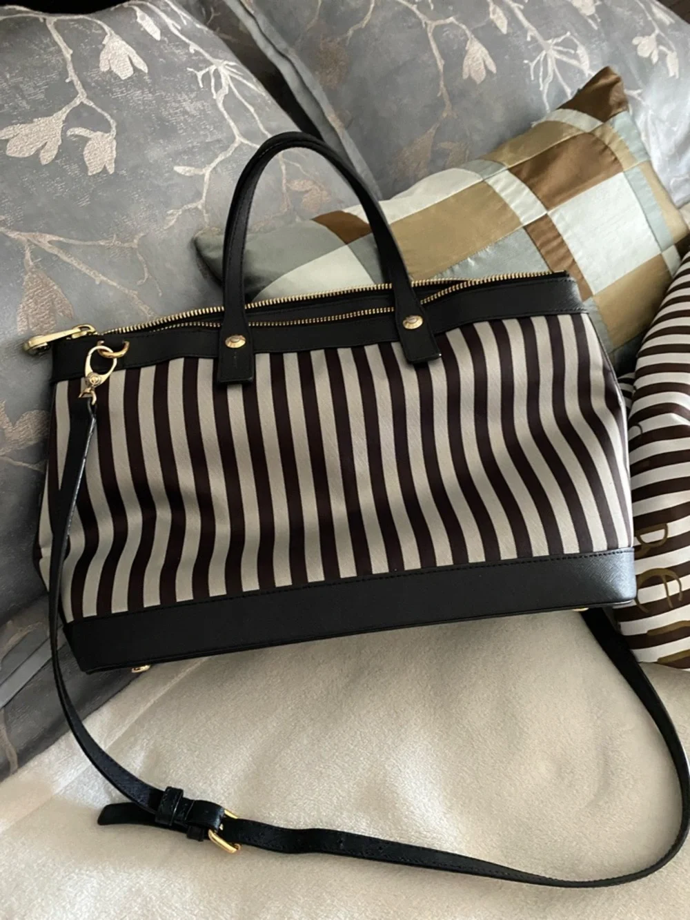Henri Bendel Black & Cream Striped Satchel with Gold Charm